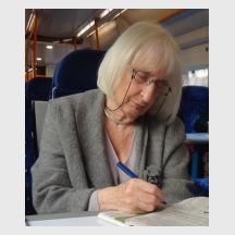 Ruth Artmonsky on a train